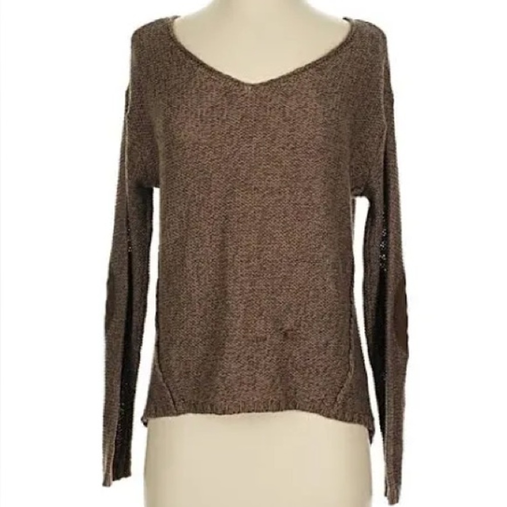 RDI Brown V-Neck Women's Sweater With Faux Suede Elbow Patches